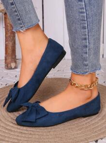 新款大码尖头低帮平底乐福鞋蝴蝶结装饰女式春秋装 - 寶藍色 - 查看 1