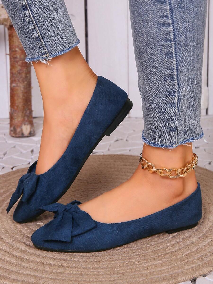新款大码尖头低帮平底乐福鞋蝴蝶结装饰女式春秋装 - 寶藍色 - 查看 1