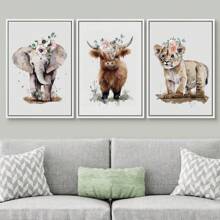 3 件油畫印刷牆壁藝術套裝野生動物插圖簡約現代藝術中性林地幼兒園裝飾客廳、廚房、裝飾牆壁藝術牆壁裝飾、家居裝飾、牆壁藝術、房間裝飾、房間裝飾無框理想禮物 - 彩色 - 查看 3