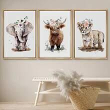 3 件油畫印刷牆壁藝術套裝野生動物插圖簡約現代藝術中性林地幼兒園裝飾客廳、廚房、裝飾牆壁藝術牆壁裝飾、家居裝飾、牆壁藝術、房間裝飾、房間裝飾無框理想禮物 - 彩色 - 查看 1