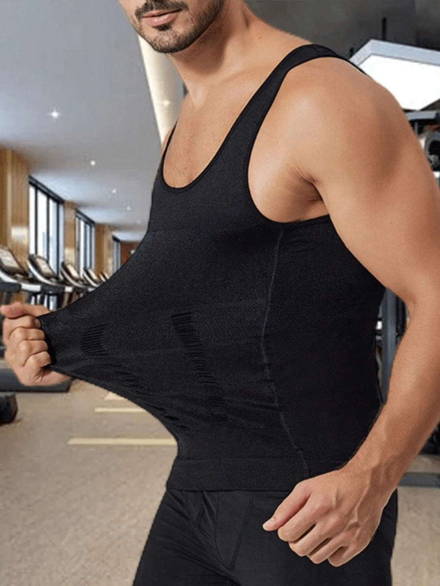 1pc Men's Breathable Compression Tank Top With Chest Compression And Abdominal Control - Black - View 1