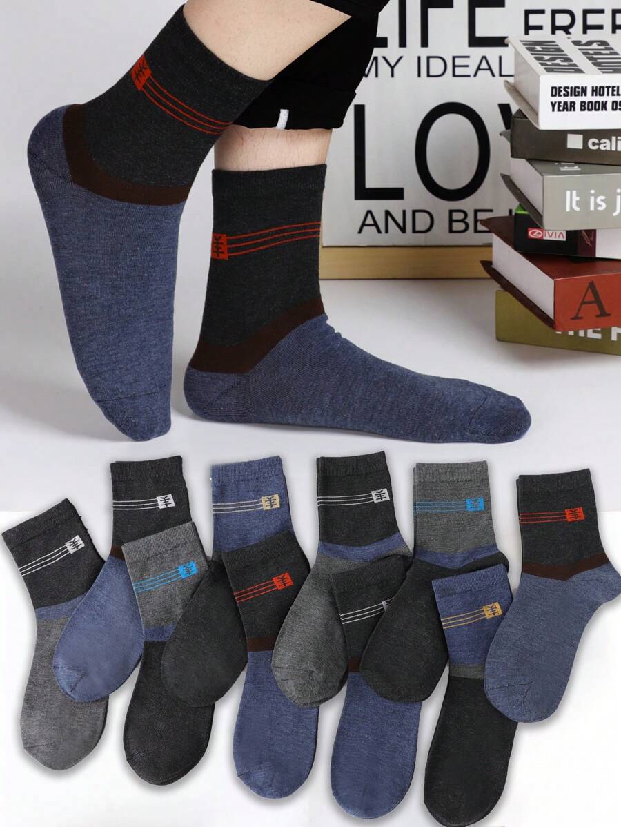 10 Pares de calcetines para hombre, calcetines tobilleros media pantorrilla juveniles. Tela suave y transpirables patrón de rayas.