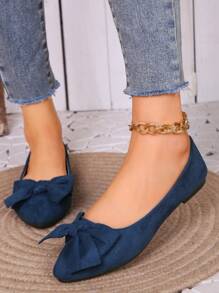 新款大码尖头低帮平底乐福鞋蝴蝶结装饰女式春秋装 - 寶藍色 - 查看 6