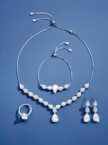 DV JEWELRY Stretchable 5pcs Valentine'S Day Luxury Artificial Cubic Zirconia Necklace, Bracelet, Earrings, Ring Jewelry Set For Women As Fashionable Jewelry Gift - White - View 3