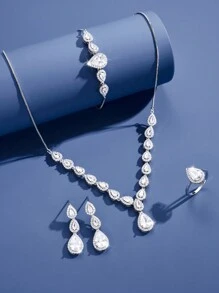 DV JEWELRY Stretchable 5pcs Valentine'S Day Luxury Artificial Cubic Zirconia Necklace, Bracelet, Earrings, Ring Jewelry Set For Women As Fashionable Jewelry Gift - White - View 1