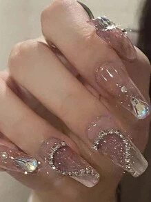 強化您的外觀,y2k 24件手工製作的3d繪畫超光澤按壓式美甲長芭蕾粉色閃亮心形圖案時尚豪華風格的假指甲,具有水晶閃耀的閃石,可重複使用的假指甲,適合女性 - 粉色 - 查看 2