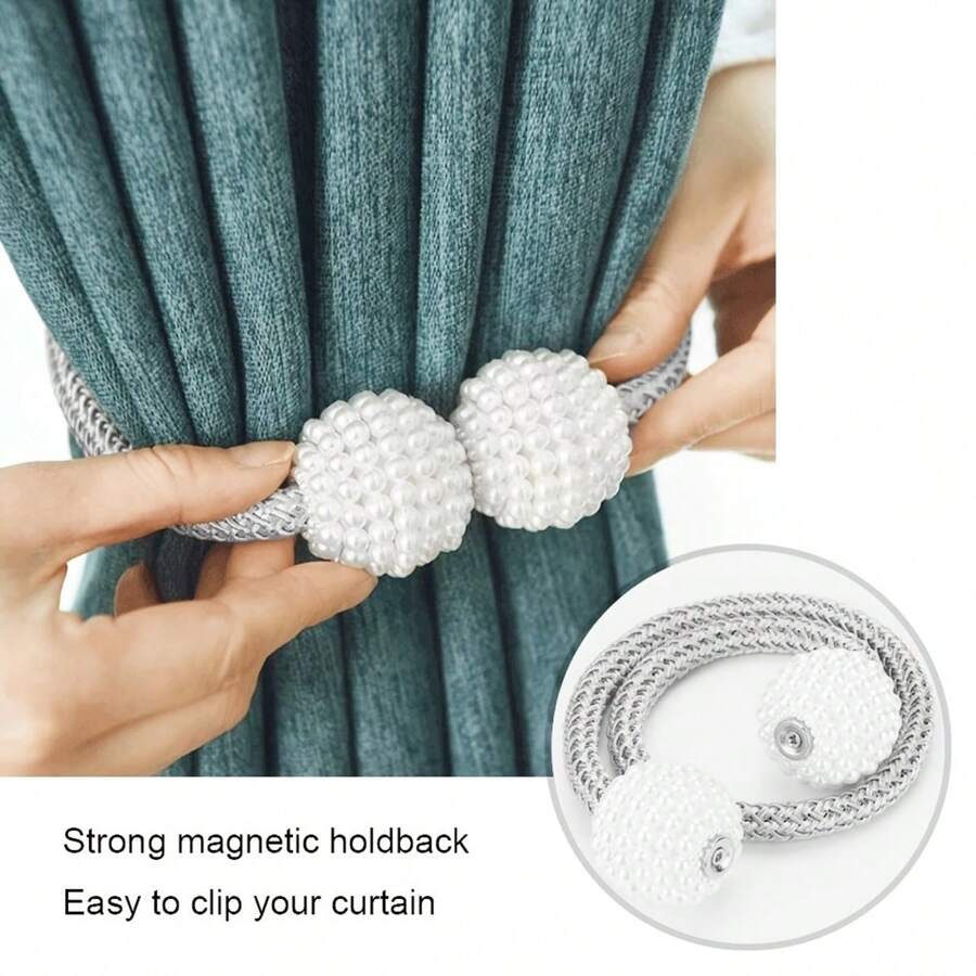 2pcs Magnetic Curtain Tiebacks, Faux Pearl Ball Decorative Home Curtain Buckle, Curtain Rope Straps For Holding Curtains & Drapes, For Bedroom Living Room Home Decor Convenient - Silver - View 1