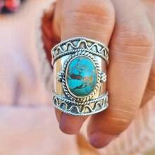 1個波希米亞風格復古寬合成寶石925純銀戒指,男女時尚婚禮訂婚戒指,非常適合作為周年紀念、生日和聖誕禮物派對 - 白色 - 查看 9