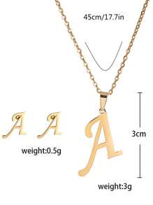 3 件/套不锈钢镀 18K 黄金首饰套装带耳钉字母吊坠耳环和项链女士复古首饰套装情人节礼物 - 金黃色 - 查看 2