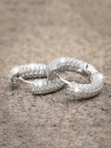 1 Pair Fashionable Round Earrings, Unisex Micro-Inlaid Sparkling Zirconia Earrings, Personalized Accessories Suitable For Party And Everyday Wear - Silver - View 1