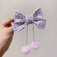 1入秋冬犬牙大蝴蝶結珍珠貂毛吊飾手工鱷魚夾，適用於兒童和女孩 - 紅色 - 查看 4