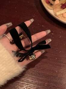 1 件復古甜美天鵝絨蝴蝶結鐘形細節女式項圈項鍊 - 紅色 - 查看 3