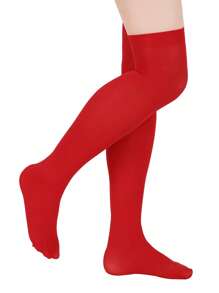 1對女士絨面純色不透明性感高筒襪，1入組超長彈性襪腰過膝高筒不透明襪，日常穿著 - 紅色 - 查看 5