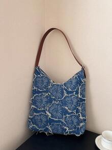 女士四季牛仔效果手提包花朵图案单肩包时尚手提包腋下包适合情人节礼物送给情侣、长辈、老师、朋友 - 彩色 - 查看 1