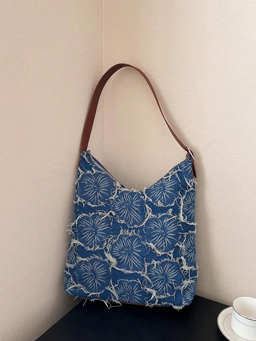 女士四季牛仔效果手提包花朵图案单肩包时尚手提包腋下包适合情人节礼物送给情侣、长辈、老师、朋友 - 彩色 - 查看 1