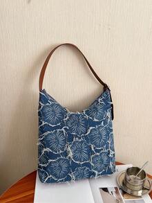 女士四季牛仔效果手提包花朵图案单肩包时尚手提包腋下包适合情人节礼物送给情侣、长辈、老师、朋友 - 彩色 - 查看 2