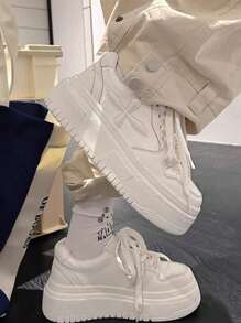 女士新款百搭透气白色运动鞋，简约时尚厚底增高鞋，搭配休闲系带运动鞋，让您的双腿看起来更长，跑步户外防滑运动鞋，学院风 Y2K 厚底透气舒适轻便休闲运动鞋，女鞋 - 白色 - 查看 4