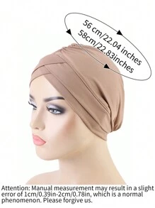 1入女士實色/多彩雙重十字頭套帽,優雅風格的鬱金香帽,時尚經典極簡主義風 - 卡其色 - 查看 2