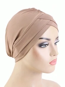 1入女士實色/多彩雙重十字頭套帽,優雅風格的鬱金香帽,時尚經典極簡主義風 - 卡其色 - 查看 1