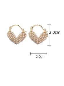 1对创意心形耳环，镶嵌人造珍珠，锌合金材质，优雅复古风格，女士约会耳环 - 白色 - 查看 3