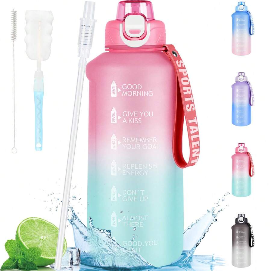 AOHAN 1 件装水瓶 2l，带吸管的运动水瓶，大号水瓶带时间标记，防漏饮料瓶，适用于健身、健身房和户外运动，可用洗碗机清洗的水瓶 - 粉色 - 查看 1