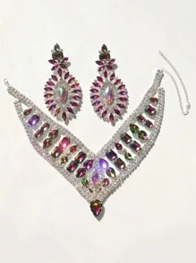 1入組時尚方形立方氧化鋯項鍊,耳環和戒指套裝,適用於女士,派對/雞尾酒配件 - 銀色 - 查看 6