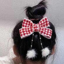 1入秋冬犬牙大蝴蝶結珍珠貂毛吊飾手工鱷魚夾，適用於兒童和女孩 - 紅色 - 查看 5