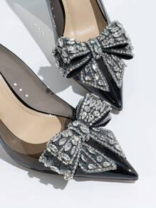 女鞋時尚黑色尖頭細高跟鞋，蝴蝶花鑽石點綴 - 黑色 - 查看 6