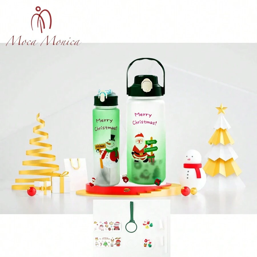 Moca Monica 2l+900ml Dos Botella Deportiva Botella De Agua De Navidad - verde aleatorio - Ver 1