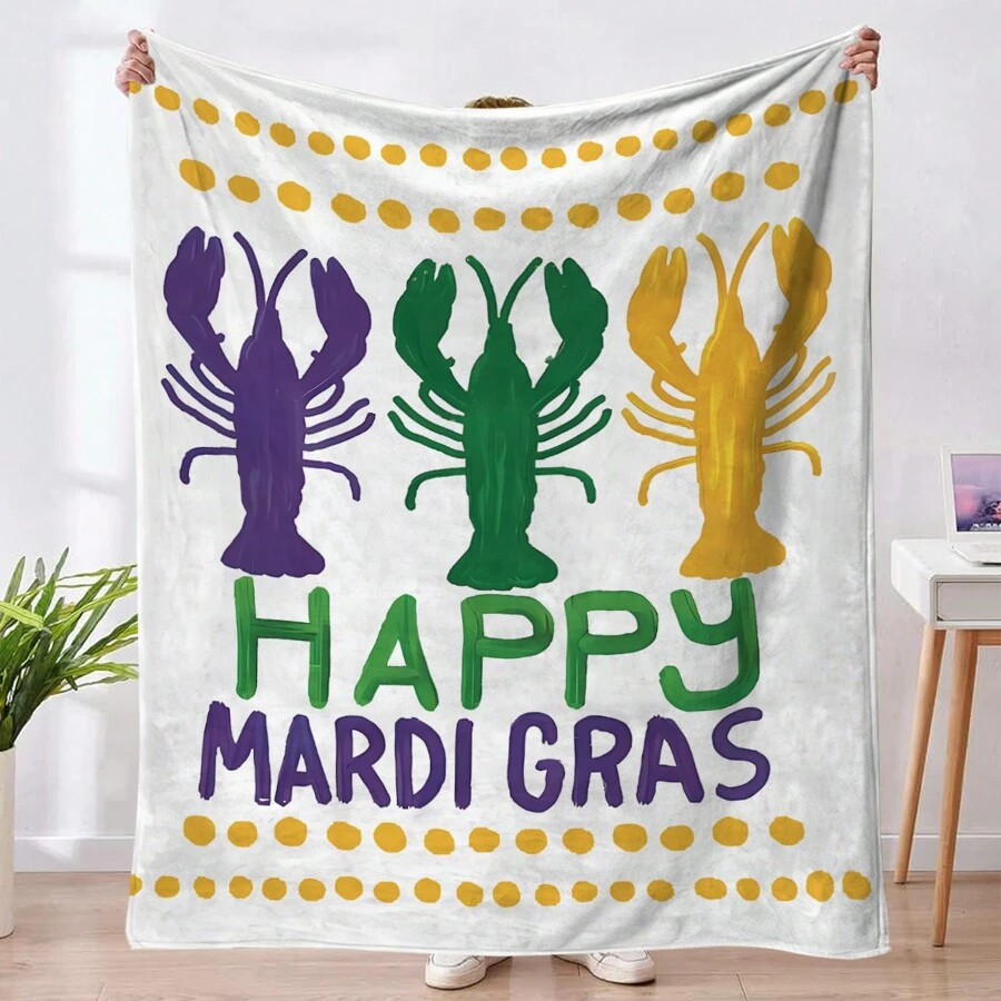 1件瑪迪蓋拉蝦及英文字母印花法蘭絨毛毯,午睡披肩,沙發保護套