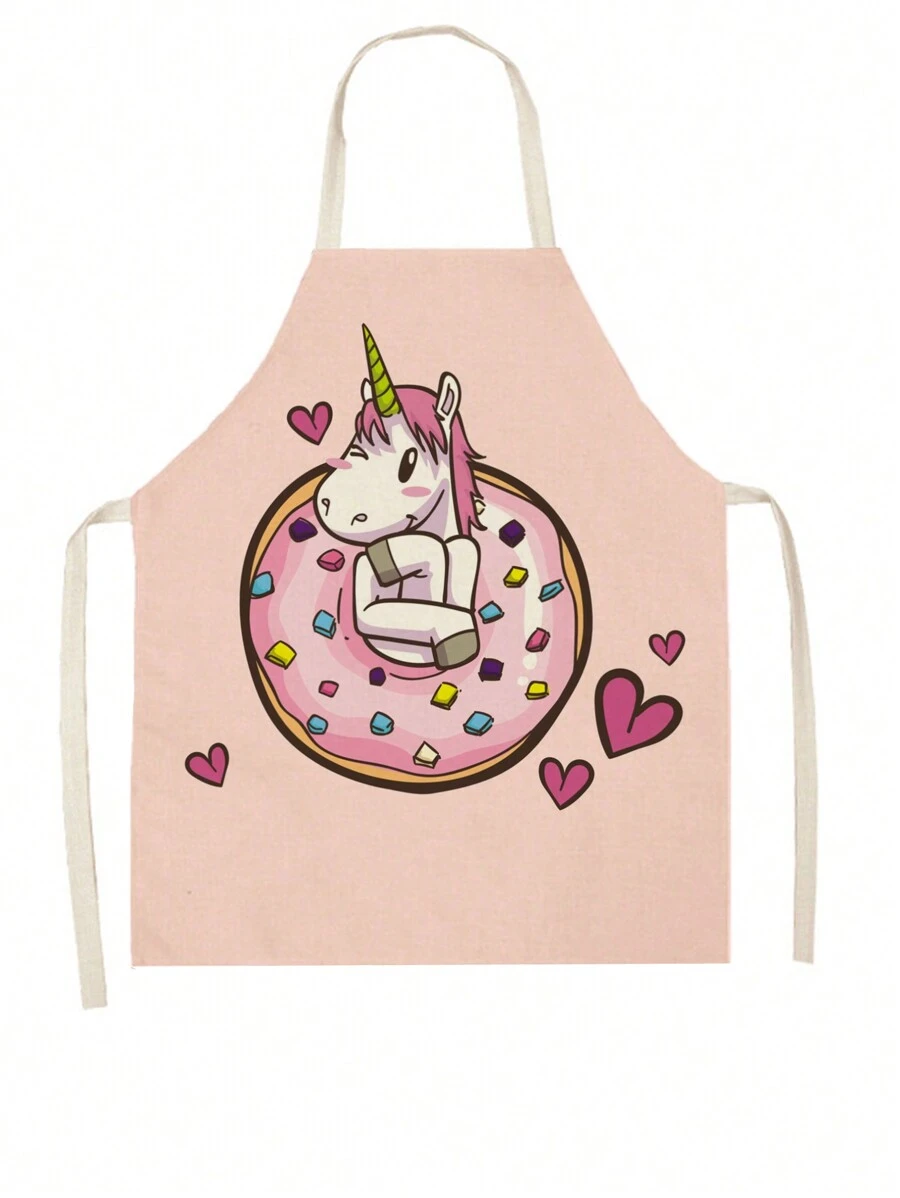 1件亞麻圍裙,印有卡通獨角獸、貓、蜜蜂和蜂巢圖案 - 紅色 - 查看 1