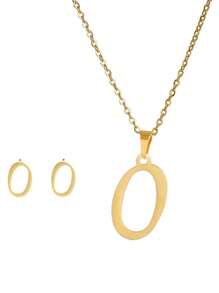 3 件/套不锈钢镀 18K 黄金首饰套装带耳钉字母吊坠耳环和项链女士复古首饰套装情人节礼物 - 金黃色 - 查看 35