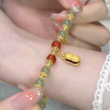 1入幸運花生和福字串飾手鐲,復古風格珠子設計,最佳閨蜜禮物 - 彩色 - 查看 4