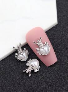 10pcs Alloy Nail Art Decorations Set In Heart And Crown Shaped Decorated With Faux Pearls, Popular On Social Media - Silver - View 1