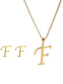 3 件/套不锈钢镀 18K 黄金首饰套装带耳钉字母吊坠耳环和项链女士复古首饰套装情人节礼物 - 金黃色 - 查看 26