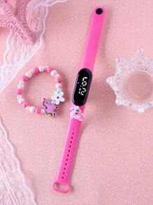 1入組卡通獨角獸裝飾led數碼防水手環手錶,配有珠狀獨角獸手鍊,適合日常佩戴 - 粉色 - 查看 2