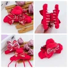 1 件青少年女孩農曆新年和聖誕節紅色髮飾,秋冬帶毛絨刺繡兔子和流蘇,4.5 英寸中號髮夾 - 紅色 - 查看 1