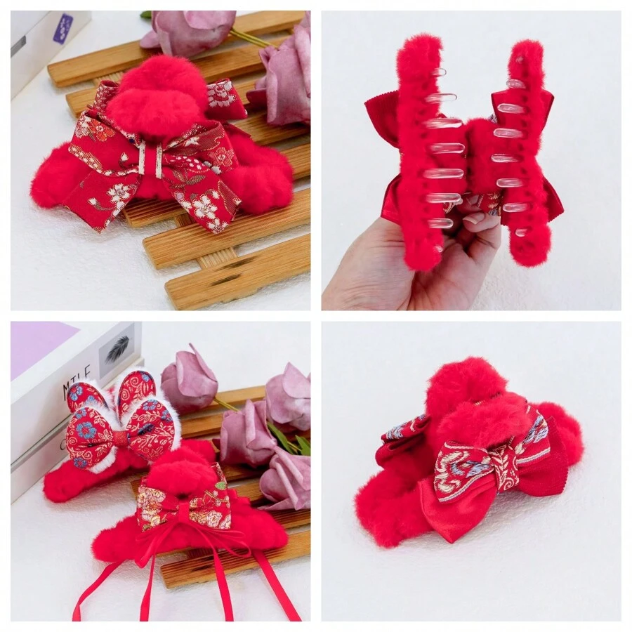 1 件青少年女孩農曆新年和聖誕節紅色髮飾,秋冬帶毛絨刺繡兔子和流蘇,4.5 英寸中號髮夾 - 紅色 - 查看 1