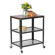 LUCKYERMORE Movable Storage Cart Serving With Wheels 3-Tier Mesh Shelf Wood Grain Kitchen - 黑色+棕色 - 查看 10