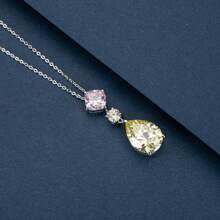1入組黃色梨形狀寶石吊墜項鍊適合女士16x12mm黃色梨切和8x8mm粉色軟墊切發亮完美方晶鋯石925純銀項鍊派對生日首飾類禮物20''