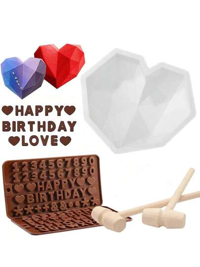 5pcs Breakable Heart Molds Set For Chocolate 8.7 Inch Large Silicone Cake Mold, 1Pc Heart Mold&2 Pcs Silicone Letter & Number Mold And 2pcs Hammers For Valentine Candy Mousse Cake
