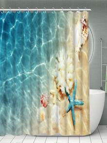 4pcs Creative Seaside Beach & Shell Pattern Printed Shower Curtain Set, Includes Bathroom Shower Curtain With Hooks, Toilet Lid Cover, Non-Slip Bath Mat And Pedestal Rug, Decorative Bathroom Rug, Water-Resistant - Multicolor - View 2