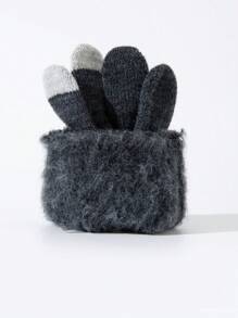 1pc Black/Gray Knitted Warm Men's Velvet Thickened Cycling Winter Gloves - Grey - View 4