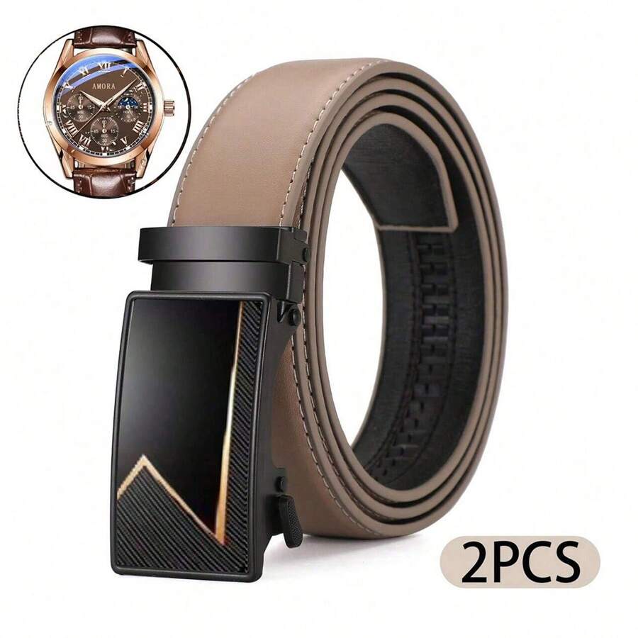 2 Miếng Nam Khóa tự động Đai PU + Bộ Đồng hồ Mới Đen Thắt lưng , Boho Giải trí Đen Phụ kiện , Bộ đồ , Quần jean , Đa Chức năng Thắt lưng , Làm Việc  Thời trang , Qủa tặng Đối với Bố , Anh em Giáng sinh , Thiếu niên Sinh nhật Thắt lưng - Màu Khaki - Xem 1