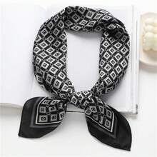 1 件女士仿丝印花 70 厘米方形围巾，时尚简约头巾风格围巾，适合商务会议、休闲旅行、节日和派对 - 黑色 - 查看 1
