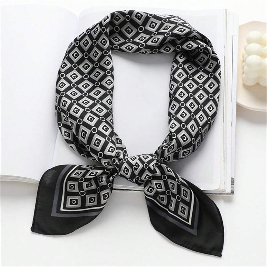 1 件女士仿丝印花 70 厘米方形围巾，时尚简约头巾风格围巾，适合商务会议、休闲旅行、节日和派对 - 黑色 - 查看 1