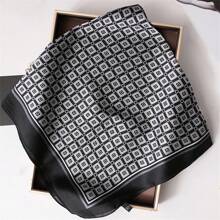 1 件女士仿丝印花 70 厘米方形围巾，时尚简约头巾风格围巾，适合商务会议、休闲旅行、节日和派对 - 黑色 - 查看 2