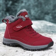 A Pair Of Outdoor Sports Shoes For Women/Men, Winter Warm Fur Inside, Waterproof Leather Surface, Rubber Sole, Wear-Resistant And Non-Slip - Red - View 2