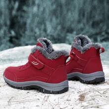A Pair Of Outdoor Sports Shoes For Women/Men, Winter Warm Fur Inside, Waterproof Leather Surface, Rubber Sole, Wear-Resistant And Non-Slip - Red - View 3