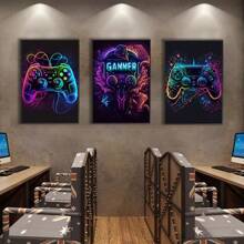 3件套 Now Art 电子游戏涂鸦油画帆布墙面艺术装饰画，彩色霓虹游戏手柄帆布装饰画，奇幻耳机电竞游戏墙面客厅艺术画（无框/有框） - 彩色 - 查看 2